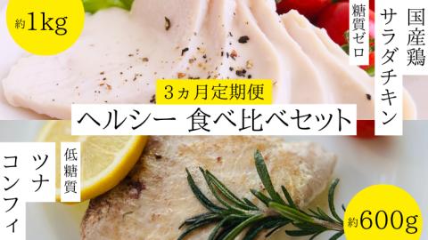 【 3ヵ月 定期便 】 ヘルシー 食べ比べ 国産鶏 サラダチキン 糖質ゼロ ( 約1kg )と ツナ コンフィ 低糖質 ( 約600g ) セット サラダ チキン マグロ [AU067ya]