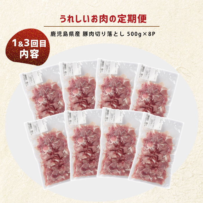 ＜定期便・毎月発送全4回＞ うれしいお肉の定期便 鹿児島県産 豚肉 切り落とし (計4kg・500g×8P) 黒毛和牛 切り落とし (計600g・300g×2P) 【コワダヤ】【宮路ファーム】_nag