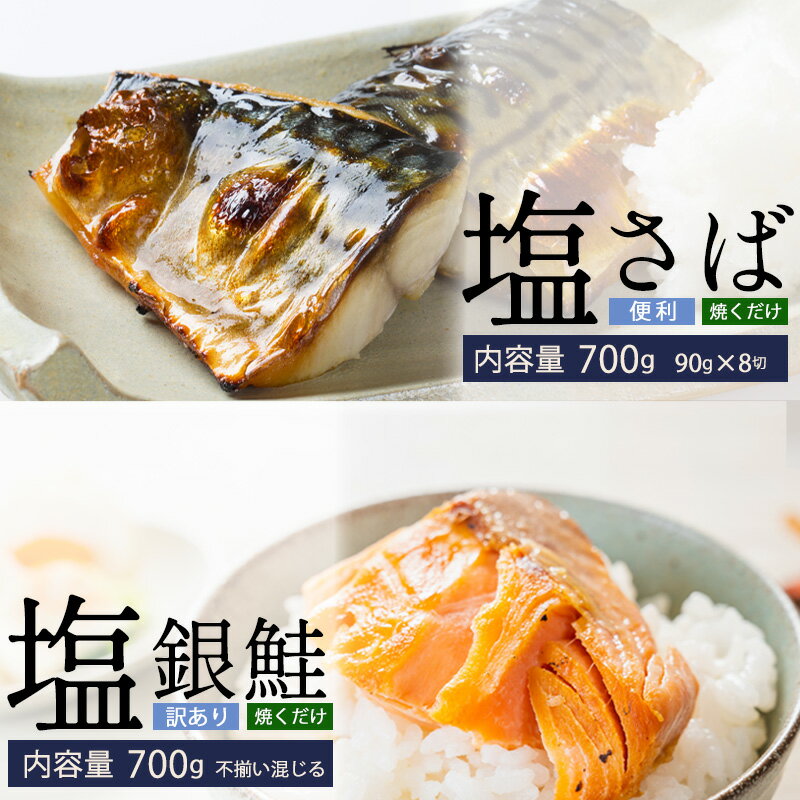 【ふるさと納税】塩さば切身(昆布だし入)90g×8切(700g)・訳あり塩銀鮭(700g) 鯖 サバ 鮭 銀鮭 サケ 海鮮 切り身 魚 冷凍 家庭用 訳アリ