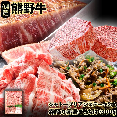 【ふるさと納税】熊野牛A4以上 ヒレシャトーブリアンステーキ 200g(100g×2枚) & 霜降り赤身こま切れ300g 株式会社魚鶴商店《30日以内に出荷予定(土日祝除く)》和歌山県 日高川町 熊野牛 黒毛和牛 A4等級以上 霜降り 肩ロース