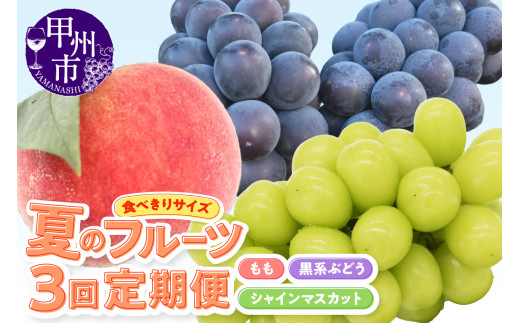 【定期便】【食べきりサイズ】季節限定 夏のフルーツ3回定期便（KSB）C2-101 【桃 もも モモ 黒系ぶどう シャインマスカット 葡萄 ぶどう ブドウ 山梨県産 甲州市 フルーツ 果物】
