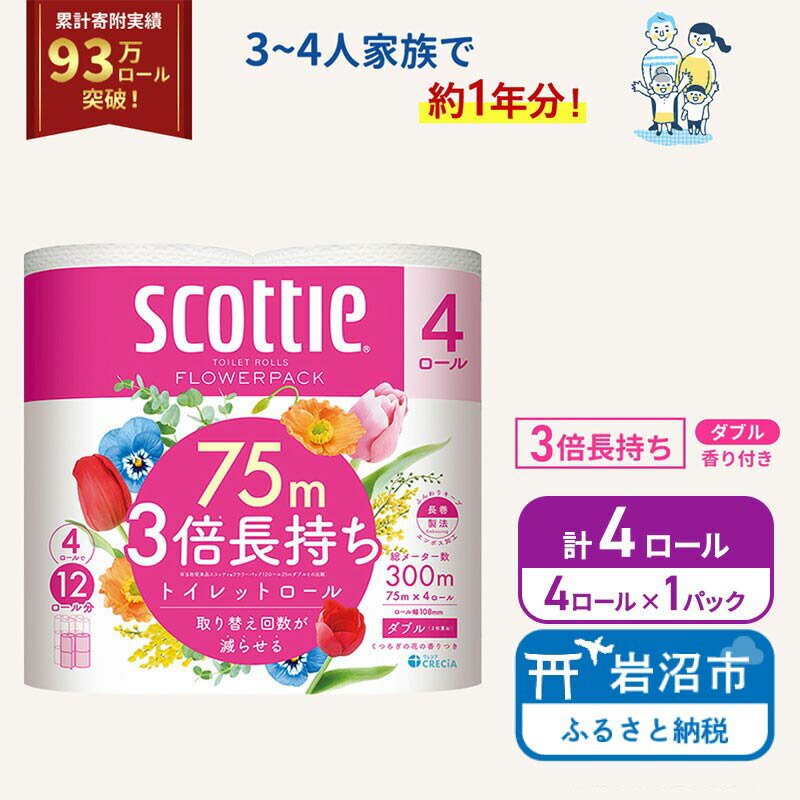 【ふるさと納税】 トイレットペーパー スコッティ ダブル 3倍長持ち 4ロール（4R×1P) 香り付き 柔らか ふっくら 高品質 長持ち 防災 災害 備蓄 日用品 生活雑貨 収納 消耗品 生活用品 新生活 生活必需品 楽 コンパクト 節約 家計の味方 宮城県 岩沼市