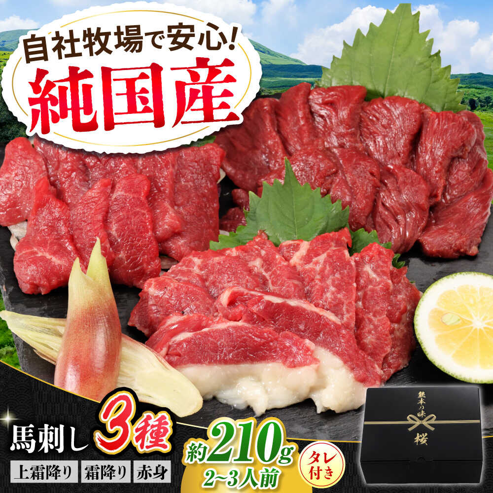 【ふるさと納税】『純国産』熊本の味 馬刺し お試し 3種 セット 計約210g（2〜3人前）上霜降り 霜降り 赤身 タレ付【有限会社 九州食肉産業】[AYCN002]