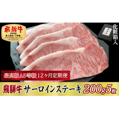 【ふるさと納税】【毎月定期便】化粧箱入 最高級A5等級 飛騨牛 サーロインステーキ 200g×5枚　全12回【配送不可地域：離島】【4053808】