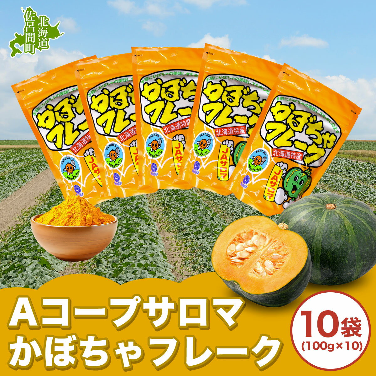 サロマかぼちゃフレーク 10袋(100g×10）【Aコープサロマ】 北海道 オホーツク 佐呂間町 かぼちゃ 南瓜 粉末 離乳食 料理 お菓子　【 加工食品 栄養たっぷり 無添加 無着色 水を加えるだけ 簡単 裏ごし 便利 北海道収穫 】