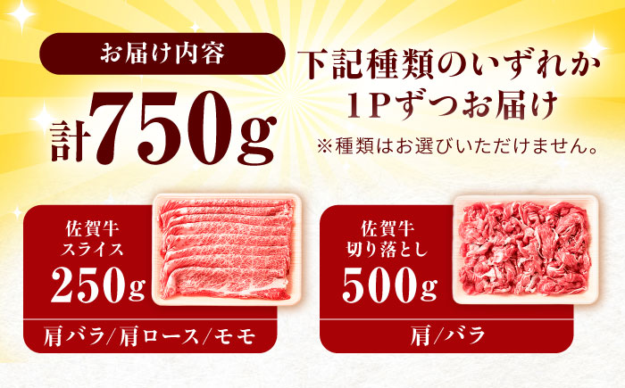 【不揃い訳あり・部位おまかせ】佐賀牛 しゃぶしゃぶ・すきやきセット 750g（切り落とし500g・スライス250g） 吉野ヶ里町 すき焼き[FDB003]