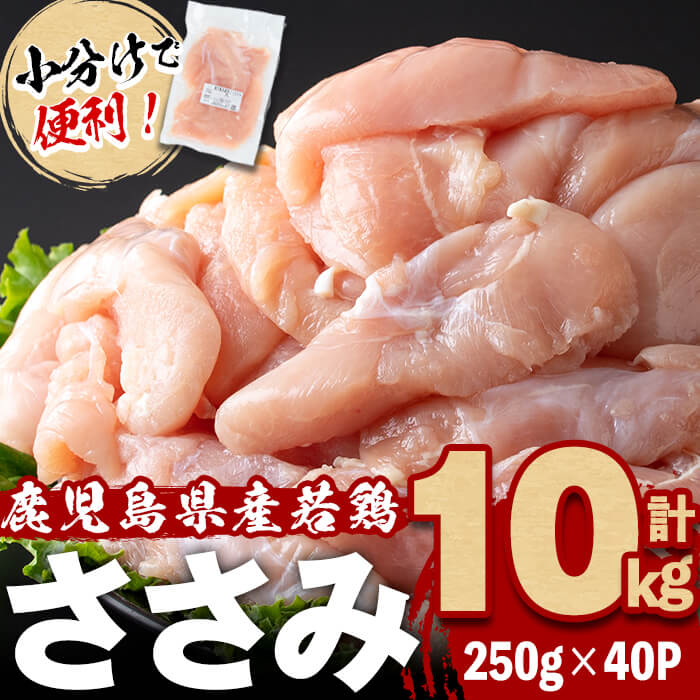 【ふるさと納税】小分けで便利！鹿児島県産若鶏ささみ 計10kg(250g×40P) 鶏肉 とり肉 鳥肉 ささみ 鳥ささみ ヘルシー ダイエット 低カロリー 若鶏 小分け 真空 真空パック 保存 カット カット済【羽根】b7-026