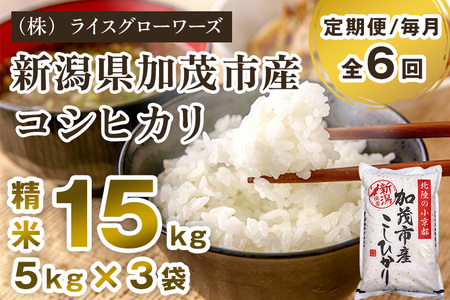 【令和7年産】【定期便6ヶ月毎月お届け】新潟県加茂市産コシヒカリ 精米15kg（5kg×3）《順次出荷》 白米 （株）ライスグローワーズ