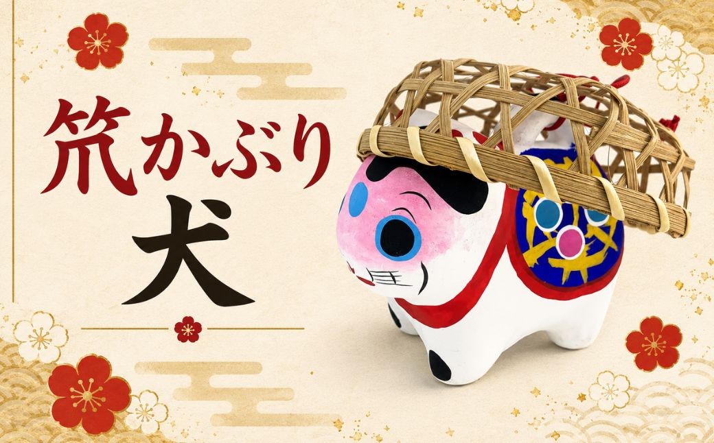 
                  笊かぶり犬張り子（中） | 犬 いぬ 張り子 竹ザル 雑貨 和雑貨 和小物 伝統 民芸品 工芸品 埼玉県 越谷市
                