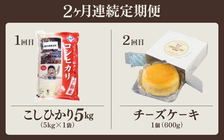 定期便≪2ヶ月連続お届け≫ 米 令和5年産 コシヒカリ5kg ＆ せっちゃん家の絶品チーズケーキ 約600g【精米】【福井県美浜町産米】[m60-a006]