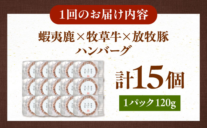 【全6回定期便】【蝦夷鹿×牧草牛×放牧豚】ハンバーグ 15個《厚真町》【GOODGOOD株式会社】 ハンバーグ 鹿肉 牛肉 豚肉 小分け 冷凍配送 ギフト ご褒美 北海道 [AXBP036]