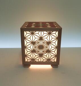 レーザー行灯「趣」キューブ　八重桜と麻の葉組子模様（和紙貼り）