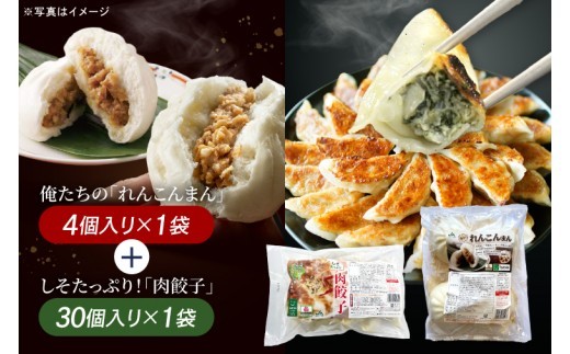 
                  レンコンまん 肉餃子 俺たちのれんこんまん 4個×1袋 しそたっぷり肉餃子 30個×1袋 ローズポーク ブランド豚 肉まん 餃子  中華 そうざい 蓮根 シソ 惣菜  レンコン 時短 レンジ調理　簡単調理 冷凍 【茨城県共通返礼品/行方市産】（96-06）
                