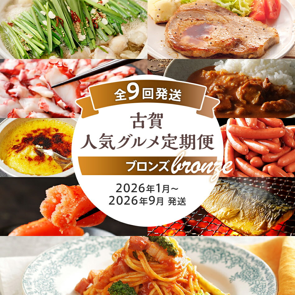 【ふるさと納税】古賀人気グルメ定期便 ブロンズ【年9回発送】 (もつ鍋・味噌豚ステーキ・真蛸・バターチキンカレー・クレームブリュレ・ウインナー・明太子・焼き塩さば・ピエトロパスタソース＆麺) 定期発送 送料無料