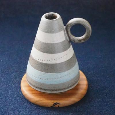 ふるさと納税 東峰村 リング一輪挿し・ミニ花瓶(小石原焼マットブルー)高さ約9cm、山桜の花台付
