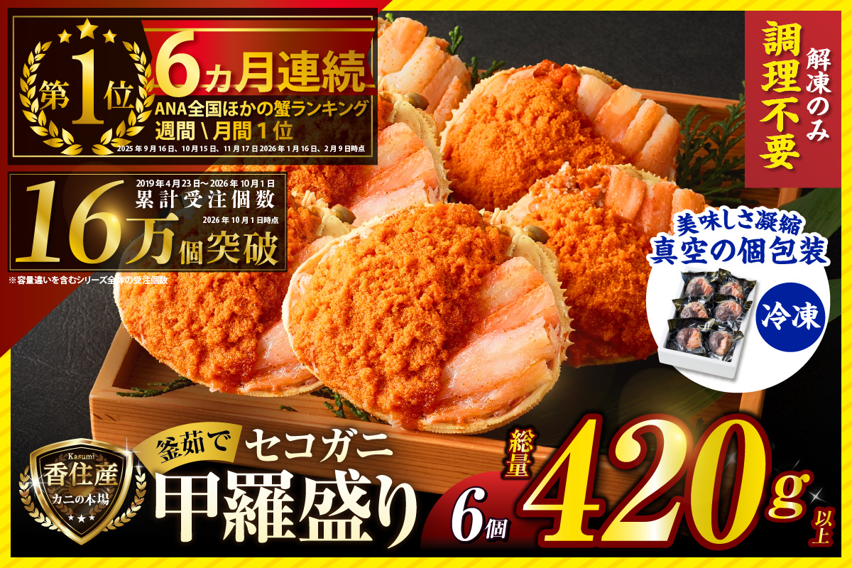 ランキング 6か月連続 週間 月間 1位 TVで紹介 セコガニ 甲羅盛り×6個 総量420g以上 冷凍 かに カニ 香美町 07-17 6個
