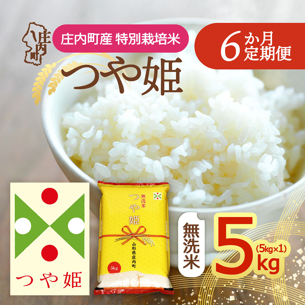 【定期便】＜令和8年産＞つや姫 無洗米 5kg×1袋×6ヶ月 毎月 5kg 特別栽培米 山形県庄内町産 余目産 庄内米 ブランド米 米 コシヒカリの原点、亀の尾発祥の地 お米の定期便 ごはん 粘り 甘み 香り 粒が大きい【10月下旬発送】