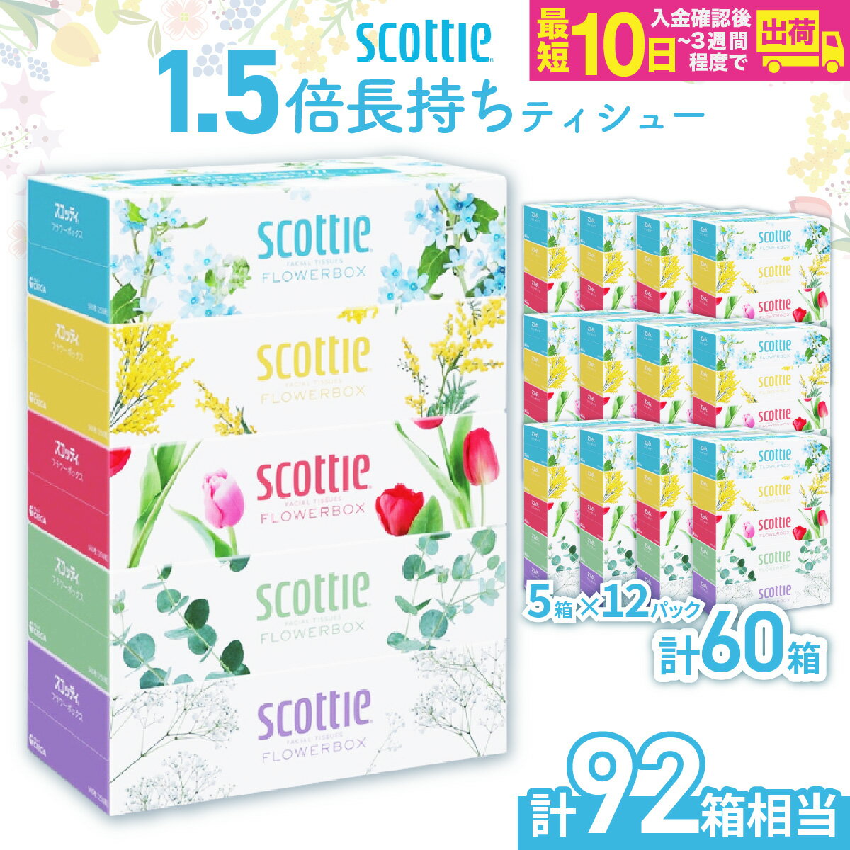 【ふるさと納税】ティッシュペーパー スコッティ フラワーボックス 1.5倍長持ちティシュー 250組×5箱パック×12P | 日用品 ティッシュ ティッシュペーパー ふるさと納税 ティッシュ 60箱 箱ティッシュ 日用品 リピート 高品質 消耗品 埼玉県 草加市