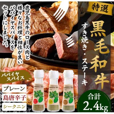ふるさと納税 天城町 徳之島 天城町 鹿児島黒牛 すき焼き&amp;ステーキセット (計約2.4kg) 3種のパパイヤスパイス付き