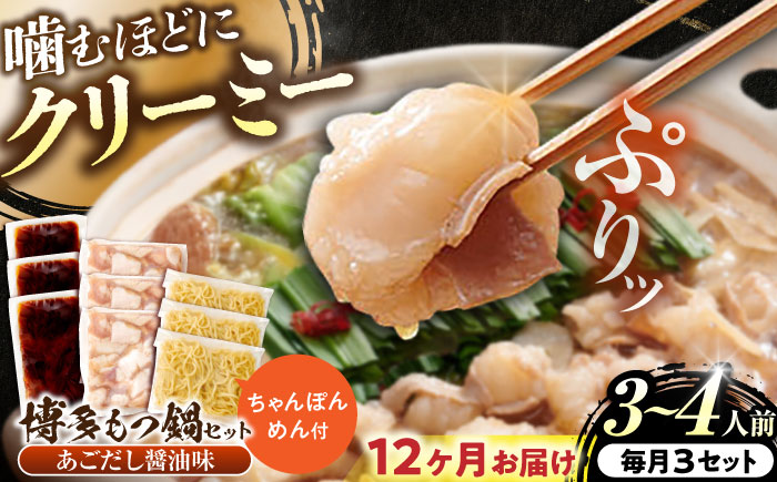 【全12回定期便】博多もつ鍋セット(あごだし醤油味)3-4人前×3個セット 吉富町/(株)やまやコミュニケーションズ [BGAH055] 鍋セット モツ鍋 簡単調理 国産 牛モツ もつ 大ぶり 醤油 しょうゆ味 醤油味 スープ 濃縮 グルメ 福岡 福岡県