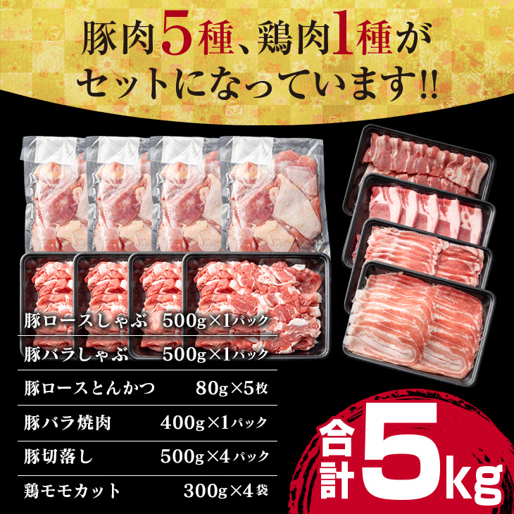 CD1-191_豚肉 鶏肉 食べ比べ セット 合計5kg 国産 食品 しゃぶしゃぶ 焼肉 BBQ とんかつ 切り落とし 豚ロース 豚バラ 鶏モモ 小分け 人気 おすすめ おかず 日南市 送料無料_イメ