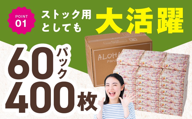 010B1754 ALOHAS ソフトパックティッシュ 60パック×400枚(200組)【ピュアパルプ100% 生活用品 雑貨 日用品 必需品 常備品 まとめ買い 備蓄 防災 ティッシュペーパー】
