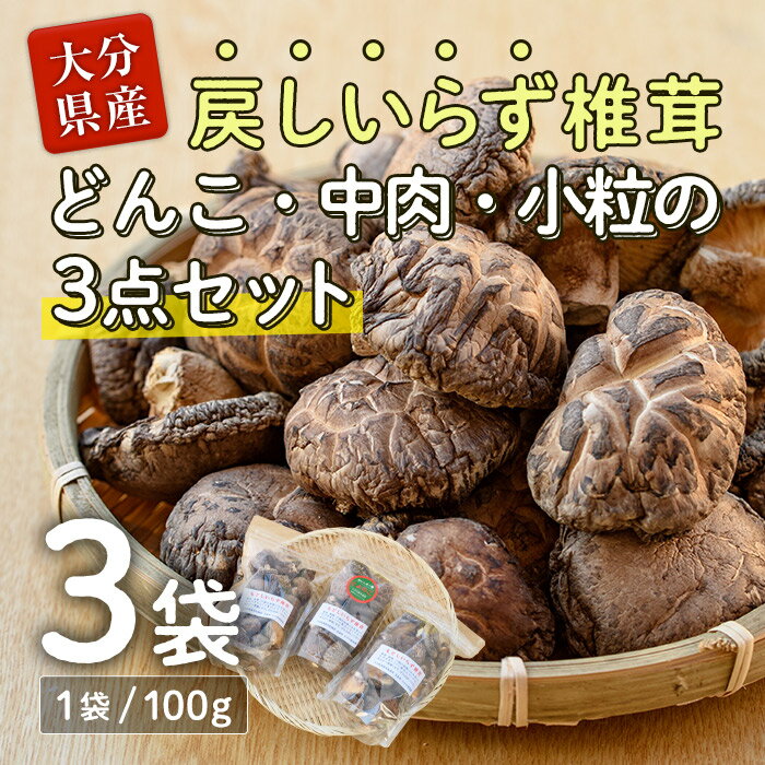 【ふるさと納税】戻しいらず椎茸どんこ・中肉・小粒の3点セット (合計300g・100g×3種) 原木栽培 干し椎茸 乾椎茸 しいたけ きのこ 出汁 大分県 佐伯市 【FR01】【かやの椎茸屋】