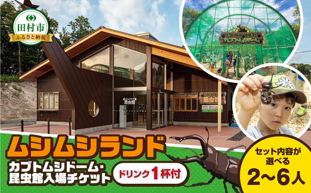 
                  【 ムシムシランド 】カブトムシドーム・昆虫館 ドリンク1杯付 入場券 大人1～2名 子ども1～4名 カブトムシ クワガタ 虫 昆虫 シーズン限定 チケット 旅行 トラベル 体験 観察 夏休み 自由研究 自然 福島県 田村市
                