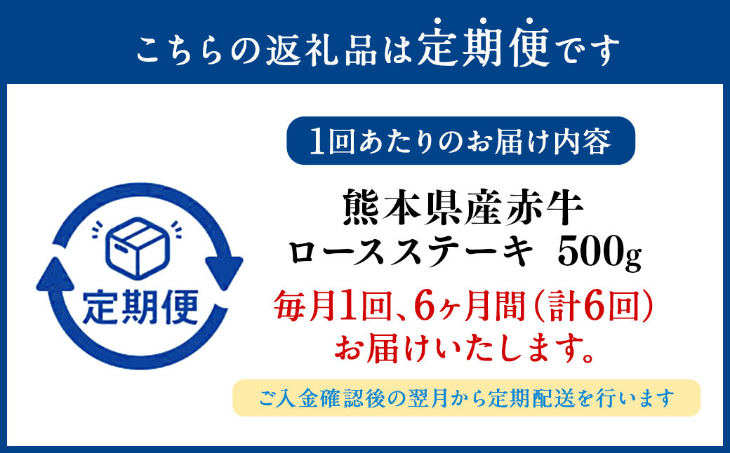 【定期便6回】熊本県産赤牛 ロースステーキ 500g(2枚)×6回 計3kg