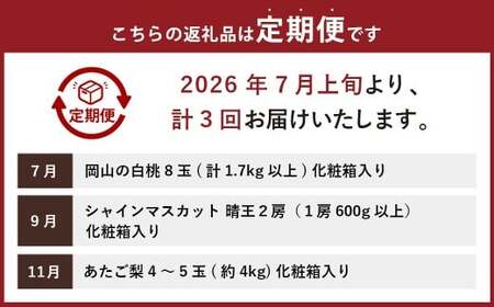 【3回定期便】岡山県産 フルーツ定期便コース （白桃 ・ シャインマスカット 晴王 ・ あたご梨）【2026年7月上旬発送開始】 ／ 3回 桃 もも マスカット 葡萄 ぶどう 梨 なし 果物 果実 フ
