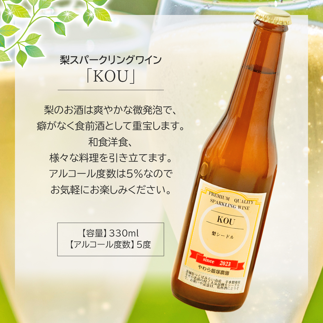 地元農家が作る つくばみらい市産 梨 を使った スパークリングワイン「KOU」 1本と ジャム 2個セット 幸水 豊水 やわら飯塚農園 パン ヨーグルト かき氷 アイス ピザ 朝食 おやつ シードル 