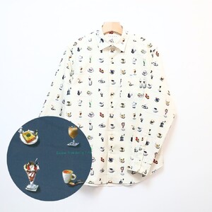 CLOFT 綿100％長袖オリジナルプリントシャツ”憩い”喫茶店柄（C/#11オフホワイト） L 0139-020-S07-2