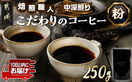焙煎職人こだわりのコーヒー【粉】250g 小分けパック(ジッパー・バルブ付) ※中深煎り※ ≪みやこんじょ特急便≫_LA-3302-Q _(都城市) コーヒー粉 250g×1パック 少量パック ジッパー・バルブ付き 保存に便利 ポスト投函 珈琲
