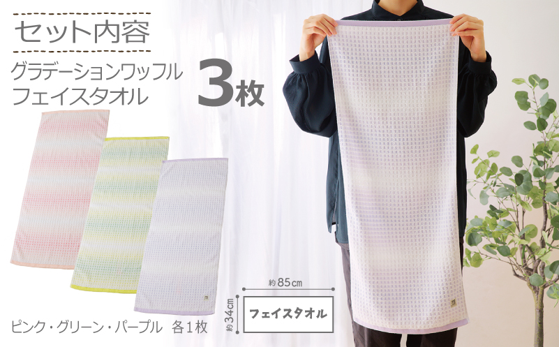 グラデーションワッフル フェイスタオル 3枚（ピンク／グリーン／パープル）泉州こだわりタオル【泉州タオル 国産 吸水 普段使い シンプル 日用品】 005A640