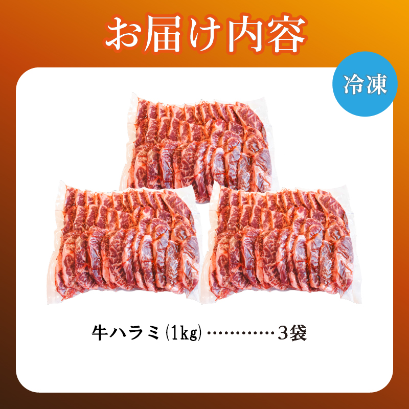 牛ハラミ 1kg×3袋 | 牛肉 ビーフ 厚切り 熟成 冷凍 大容量 焼肉 厚さ約8mm 牛 肉 お肉 精肉 スライス BBQ バーベキュー おかず おつまみ 北海道 滝川市