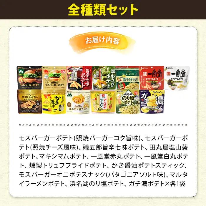 ＜訳あり＞ 訳アリ じゃがスナック 【アソート・全種類セット】 (13袋・1袋最大50g) 簡易梱包 お菓子 おかし おつまみ 常温 ポテト モスバーガー 照焼 わさび 七味 マキシマム ガーリック 