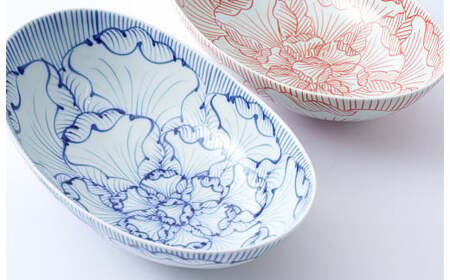 有田焼 花弁紋 25.5cm 楕円鉢（大）青と赤のペアセット 大慶 食器 器 うつわ 陶磁器 皿 ギフト 贈答 35000円 3.5万円 ci006