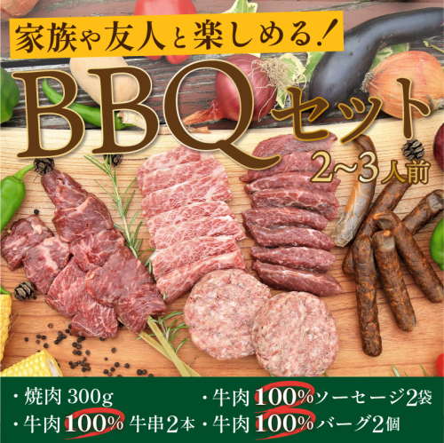 【BBQ セット】2～3人前 家族や友人と楽しめるバーベキューセット（焼肉・牛肉バーグ・牛肉ソーセージ・牛串）キャンプ、BBQ、アウトドアにBBQ肉セット
