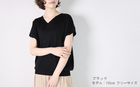 洗える サマーニット シルク100％ Vネック プルオーバー フレンチスリーブ ( ブラック ) レディース フリーサイズ 日本製 | 半袖 ニット ウォッシャブル 春 夏 シンプル 新潟県 五泉市 