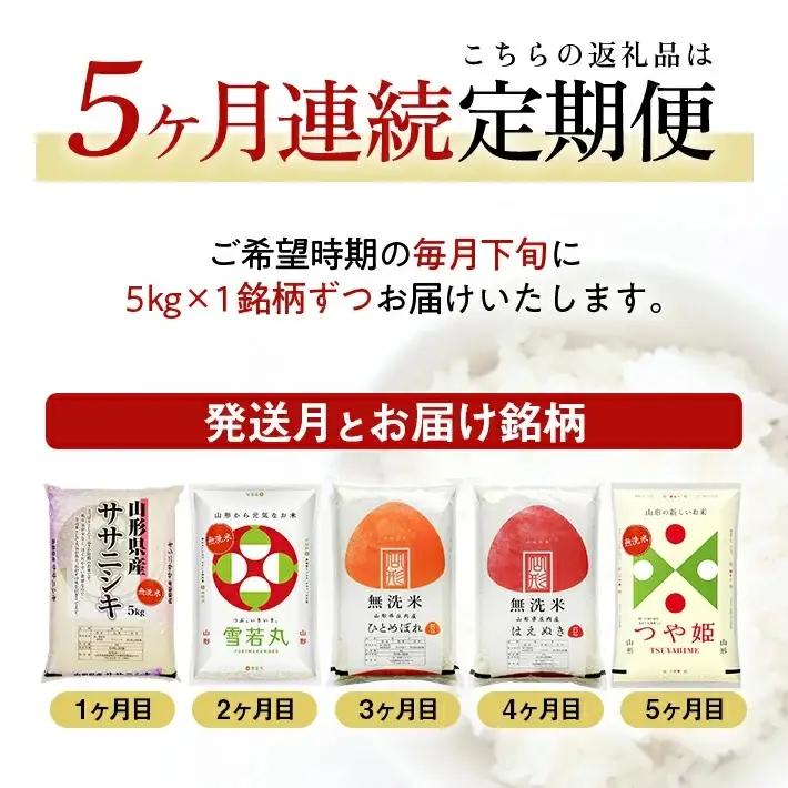  (2月～6月) ≪5ヶ月定期便≫ 無洗米 5銘柄食べ比べセット 各5kg 5ヶ月連続 計25kg 令和8年産 ササニシキ 雪若丸 ひとめぼれ はえぬき つや姫 山形県産 毎月下旬にお届け 山形県 遊