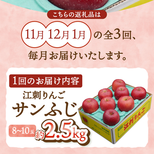 【定期便】奥州市りんご3か月定期便 江刺りんご「サンふじ」 約2.5kg(8-10玉) 11月～翌年1月お届け 奥州市 りんご 3か月定期便 江刺りんご「サンふじ」 約2.5㎏ (8－10玉) 11月