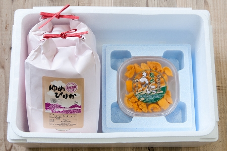 エゾバフンウニ塩水パック100g、ゆめぴりか2kg×2袋 C-65013