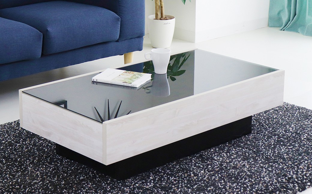 
            ルキア105センターテーブル WH・BR・GY 引出し 小物収納 強化紙 強化ブラックガラス フルオープン三段レール 木目柄 テレビ鑑賞 シンプル スタイリッシュ ラグジュアリー 家具 インテリア 福岡県 柳川市 送料無料
          