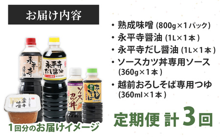 【３回お届け 定期便】越前・永平寺調味料セット お届け対象月 10月,1月,4月,7月】お味噌 味噌汁 みそ しょうゆ 調味料 定期便 頒布会　E-014001