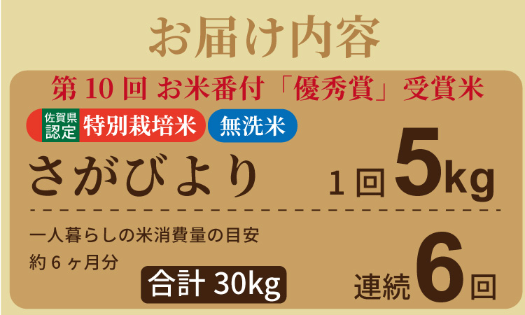 【定期便】連続6回 佐賀県認定 特別栽培米 さがびより 無洗米 5kg（5kg×6）しもむら農園