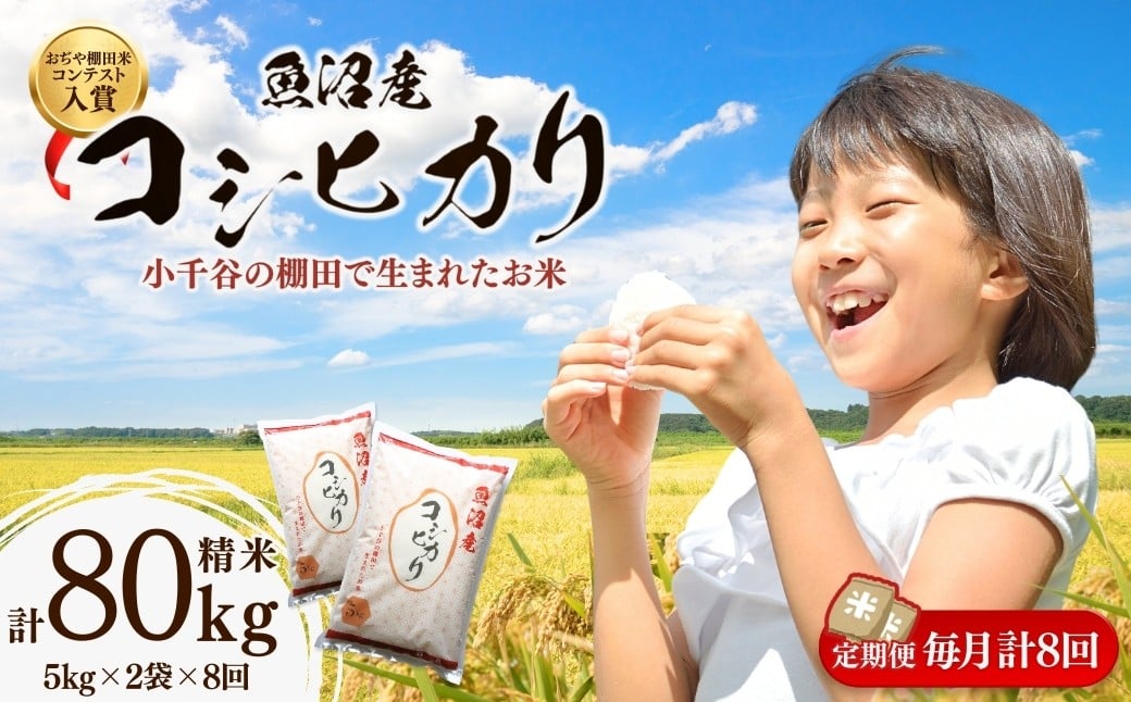 
            令和7年産 魚沼産コシヒカリ おぢや棚田米コンテスト入賞者の栽培した棚田米 精米80kg（5kg×2袋×8回）定期便 毎月発送 | 新潟県産 コシヒカリ お米 米 おこめ こめ コメ こしひかり 白米 精米 魚沼産 ブランド米【0002-RC16DB00-02】
          