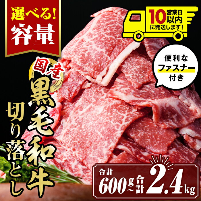 【ふるさと納税】〈10営業日以内に発送〉〈容量を選べる〉黒毛和牛切り落とし (合計600g〜合計2.4kg) 国産 真空包装 真空パック ファスナー 小分け 切落とし 牛 うし 牛肉 アウトドア BBQ 冷凍【サンキョーミート株式会社】