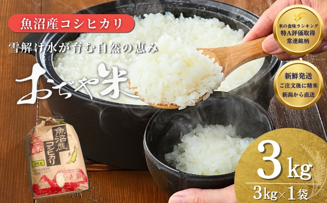 令和7年産 魚沼産コシヒカリ「おぢや米」 計3kg（3kg×1袋） クラフト袋 | 新潟県産コシヒカリ 米 お米 こめ こしひかり 魚沼産 小千谷市 白米 精米 ブランド米 【0002-JA12-01】