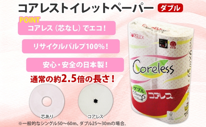 コアレス トイレットペーパー ダブル 65ｍ 60ロール 芯なし 香りなし まとめ買い トイレ リサイクル 長持 防災 常備品 日用雑貨 消耗品 生活必需品 備蓄 ペーパー 紙 北海道 倶知安町 日用品 再生紙