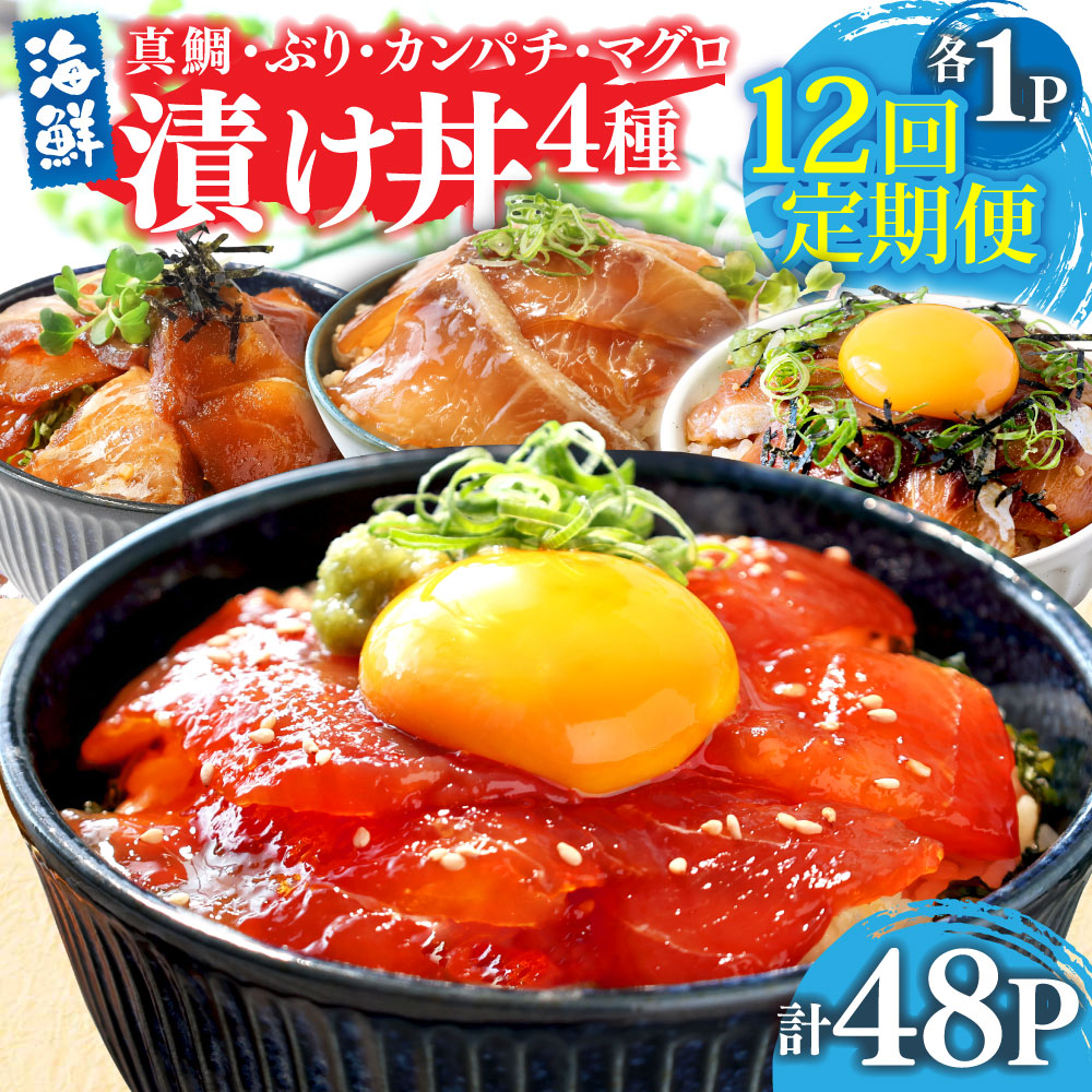 【CF-R7hbk】漬け丼セット4種 80g×各1P 12回定期便 海鮮丼 海鮮丼セット 真鯛 ブリ カンパチ マグロ 海鮮 漬け お茶漬け 鯛 ぶり 鰤 勘八 かんぱち まぐろ 小分け パック ご飯 晩御飯 惣菜 刺身 冷凍 配送